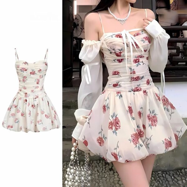 Đầm váy nữ áo bí hoa 2 dây nhún ngực có mút ngực ôm body tay rời kèm chân váy ngắn xoè xếp ly xinh xắn cho nàng diện đi chơi - Hình ảnh 2