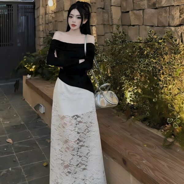 Set đồ nữ áo tăm trễ vai phối chân váy dài ren có lót trong xinh xắn dành cho nàng diện đi chơi, đi tiệc - Hình ảnh 2