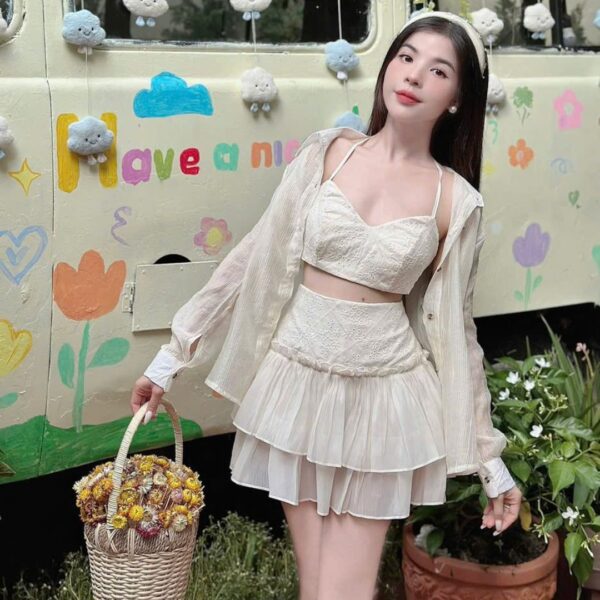 Set đồ nữ 3 món áo trong 2 dây có mút ngực kèm chân váy xoè 2 tầng có lót quần phối áo khoác ngoài tay dài siêu xinh dành cho nàng diện đi chơi - Hình ảnh 2