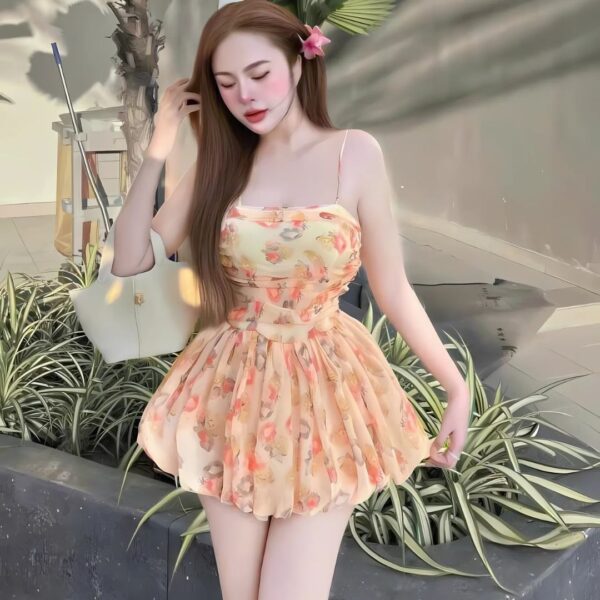 Đầm váy nữ áo 2 dây tùng bí có mút ngực kèm chân váy form ngắn xoè xếp ly có lót quần xinh xắn dành cho nàng diện đi chơi, đi biển - Hình ảnh 2