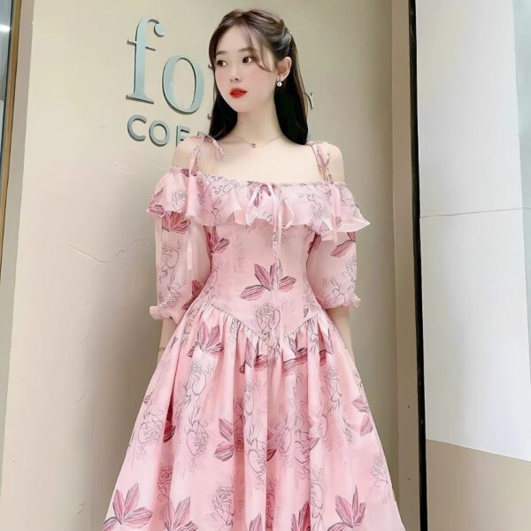 Đầm váy nữ voan hoa bèo áo 2 dây tay phồng phối chân váy xoè xếp ly xinh xắn dành cho nàng diện đi chơi, đi tiệc - Hình ảnh 2