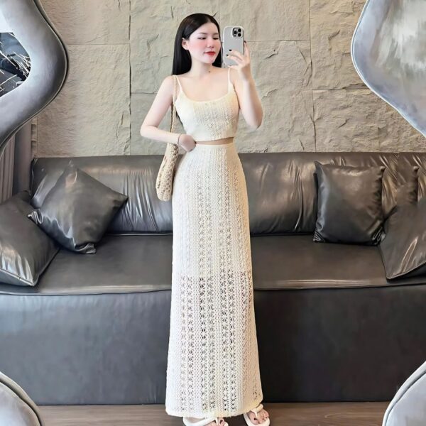 Set đồ nữ áo ren 2 dây có mút ngực phối chân váy dài lưới có lót trong xinh xắn cho nàng diện đi chơi, đi biển - Hình ảnh 2