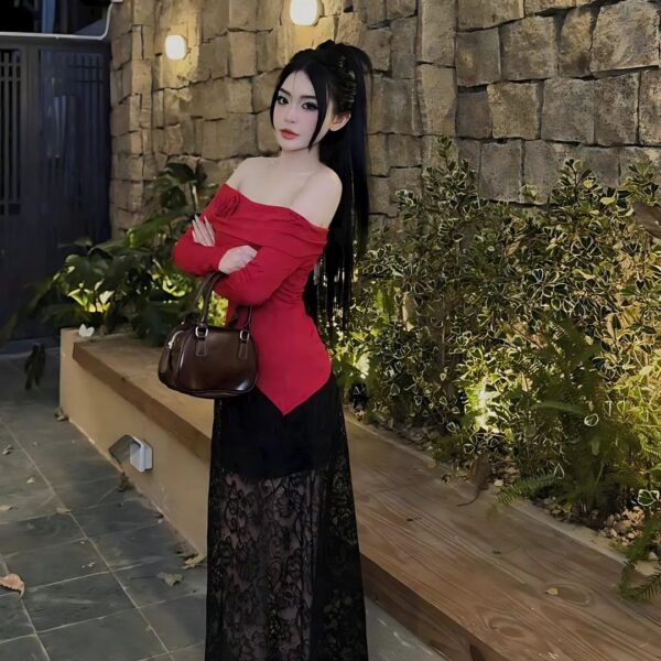 Set đồ nữ áo tăm trễ vai phối chân váy dài ren có lót trong xinh xắn dành cho nàng diện đi chơi, đi tiệc - Hình ảnh 3
