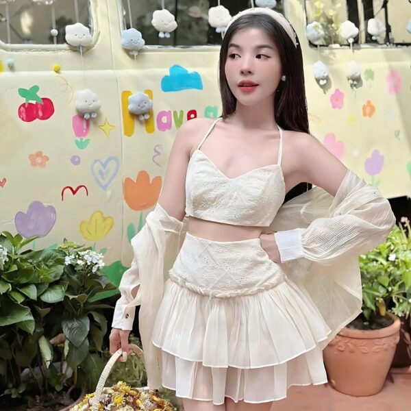 Set đồ nữ 3 món áo trong 2 dây có mút ngực kèm chân váy xoè 2 tầng có lót quần phối áo khoác ngoài tay dài siêu xinh dành cho nàng diện đi chơi - Hình ảnh 3