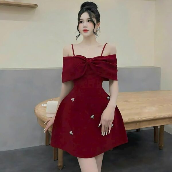 Đầm váy nữ nhung áo 2 dây trễ vai có mút kèm chân váy xoè kèm tag nơ (nơ đá tháo dời được) xinh xắn phù hợp cho nàng diện đi chơi - Hình ảnh 5