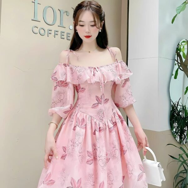 Đầm váy nữ voan hoa bèo áo 2 dây tay phồng phối chân váy xoè xếp ly xinh xắn dành cho nàng diện đi chơi, đi tiệc - Hình ảnh 3
