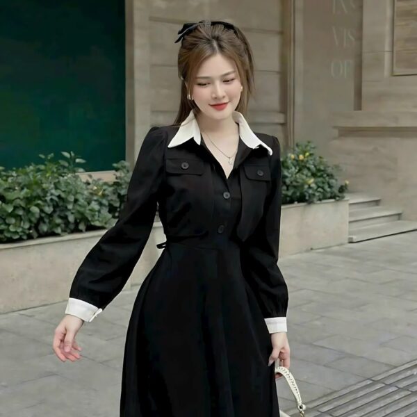 Đầm váy nữ áo cổ sơ mi 2 túi hộp phối chân váy xoè xếp ly dáng dài rút dây eo xinh xắn dành cho nàng diện đi chơi, đi tiệc - Hình ảnh 3