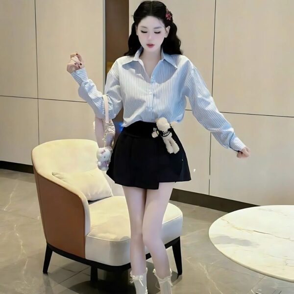 Set đồ nữ áo sơ mi kate kèm gấu phối quần kaki giả váy xinh xắn dành cho nàng diện đi chơi - Hình ảnh 3
