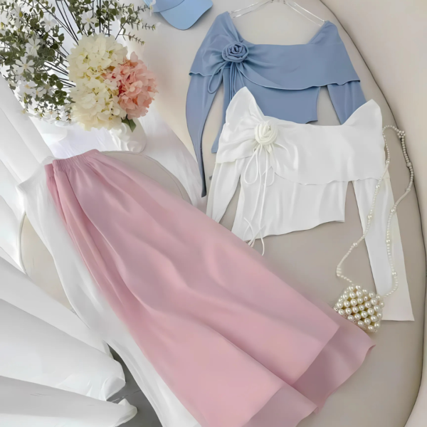 Set đồ nữ áo tăm lạnh cổ vuông đính hoa hồng kèm chân váy tơ 2 lớp dáng dài xoè xếp ly xinh xắn dành cho nàng diện đi chơi - Hình ảnh 9