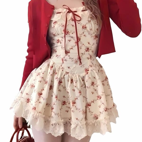 Set đồ nữ đầm xốp in hoa thân sau mocking có mút ngực kèm lót quần phối áo khoác tăm lạnh siêu xinh dành cho các nàng diện đi chơi, đi tiệc - Hình ảnh 4