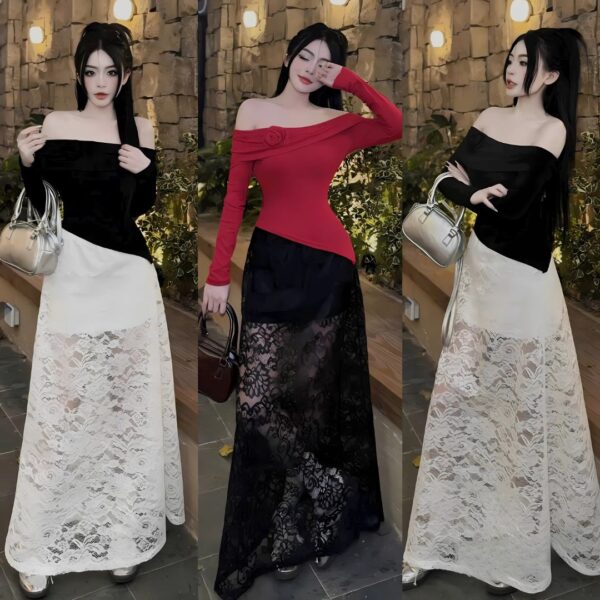Set đồ nữ áo tăm trễ vai phối chân váy dài ren có lót trong xinh xắn dành cho nàng diện đi chơi, đi tiệc - Hình ảnh 4