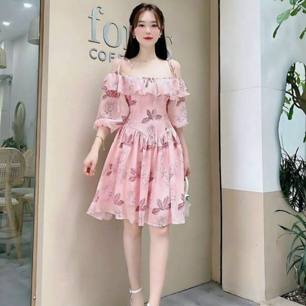 Đầm váy nữ voan hoa bèo áo 2 dây tay phồng phối chân váy xoè xếp ly xinh xắn dành cho nàng diện đi chơi, đi tiệc - Hình ảnh 4