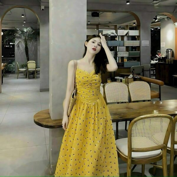 Đầm váy nữ voan hoa áo 2 dây nhún ngực chạy mocking phối chân váy xoè dáng dài xinh xắn dành cho nàng diện đi chơi, đi tiệc - Hình ảnh 4