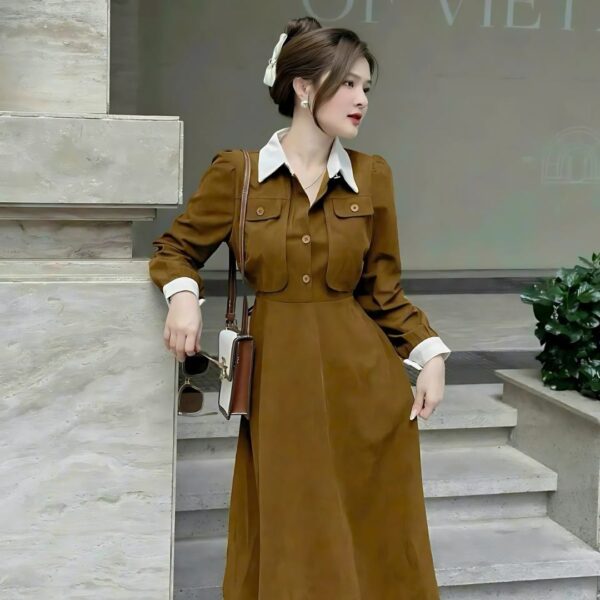 Đầm váy nữ áo cổ sơ mi 2 túi hộp phối chân váy xoè xếp ly dáng dài rút dây eo xinh xắn dành cho nàng diện đi chơi, đi tiệc - Hình ảnh 4