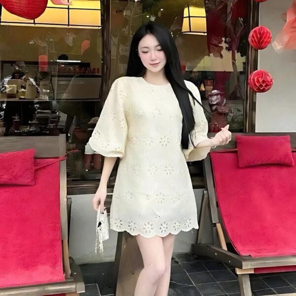 Đầm váy nữ thô thêu áo cổ tròn phối chân váy xoè xinh xắn dành cho nàng diện đi chơi - Hình ảnh 4