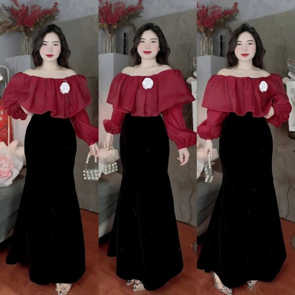 Set đồ nữ áo tơ trễ vai đính hoa kèm chân váy nhung dáng dài xoè xinh xắn dành cho nàng diện đi chơi, đi tiệc - Hình ảnh 4