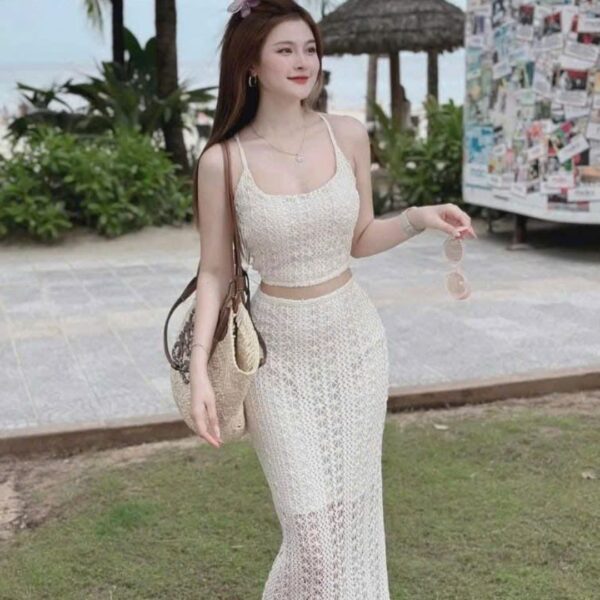 Set đồ nữ áo ren 2 dây có mút ngực phối chân váy dài lưới có lót trong xinh xắn cho nàng diện đi chơi, đi biển - Hình ảnh 4