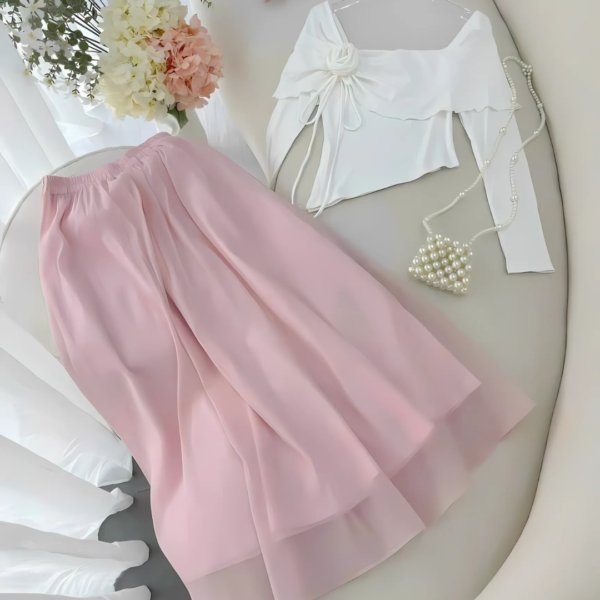 Set đồ nữ áo tăm lạnh cổ vuông đính hoa hồng kèm chân váy tơ 2 lớp dáng dài xoè xếp ly xinh xắn dành cho nàng diện đi chơi - Hình ảnh 5