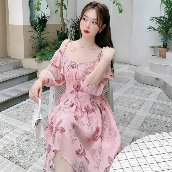 Đầm váy nữ voan hoa bèo áo 2 dây tay phồng phối chân váy xoè xếp ly xinh xắn dành cho nàng diện đi chơi, đi tiệc - Hình ảnh 5