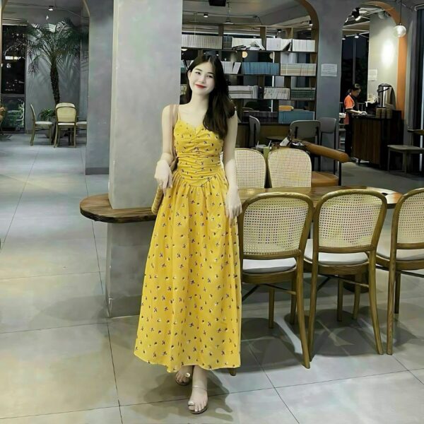 Đầm váy nữ voan hoa áo 2 dây nhún ngực chạy mocking phối chân váy xoè dáng dài xinh xắn dành cho nàng diện đi chơi, đi tiệc - Hình ảnh 5