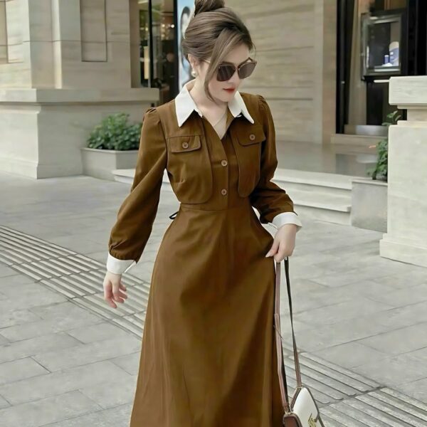 Đầm váy nữ áo cổ sơ mi 2 túi hộp phối chân váy xoè xếp ly dáng dài rút dây eo xinh xắn dành cho nàng diện đi chơi, đi tiệc - Hình ảnh 5