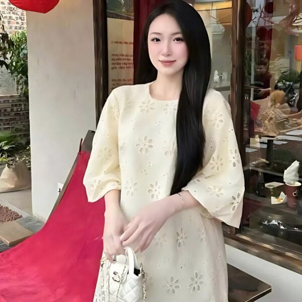 Đầm váy nữ thô thêu áo cổ tròn phối chân váy xoè xinh xắn dành cho nàng diện đi chơi - Hình ảnh 5