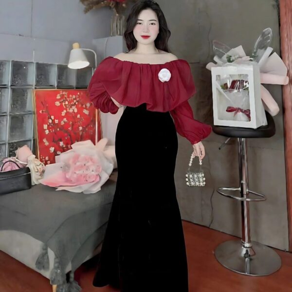 Set đồ nữ áo tơ trễ vai đính hoa kèm chân váy nhung dáng dài xoè xinh xắn dành cho nàng diện đi chơi, đi tiệc - Hình ảnh 5