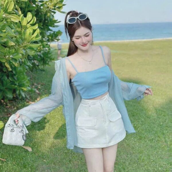 Set đồ nữ 3 món áo tăm lạnh 2 dây kèm chân váy kaki ngắn có lót phối áo khoác sơ mi chất tơ tay dài xinh xắn dành cho nàng diện đi chơi - Hình ảnh 5