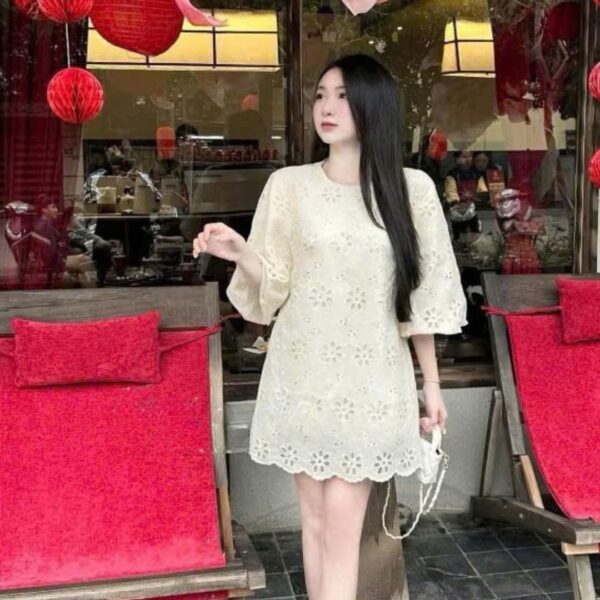 Đầm váy nữ thô thêu áo cổ tròn phối chân váy xoè xinh xắn dành cho nàng diện đi chơi - Hình ảnh 6