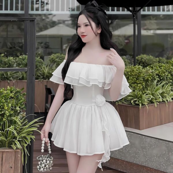 Đầm váy nữ tơ kèm hoa áo trễ vai có mút ngực phối chân váy xoè xếp ly có quần trong xinh xắn dành cho nàng diện đi chơi - Hình ảnh 6