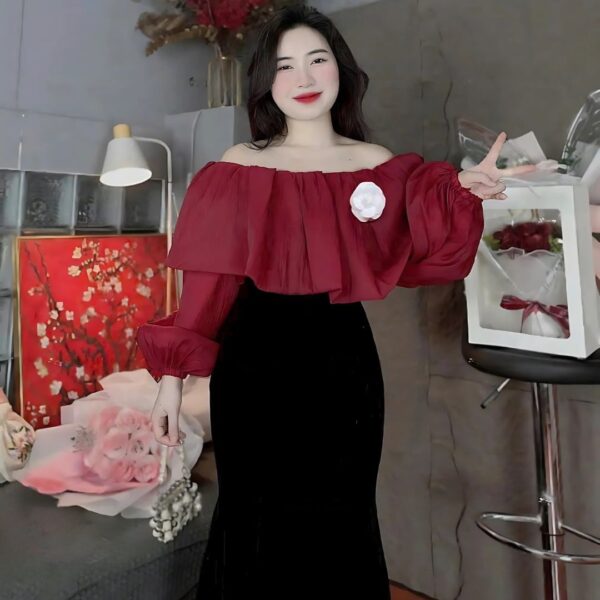 Set đồ nữ áo tơ trễ vai đính hoa kèm chân váy nhung dáng dài xoè xinh xắn dành cho nàng diện đi chơi, đi tiệc - Hình ảnh 6