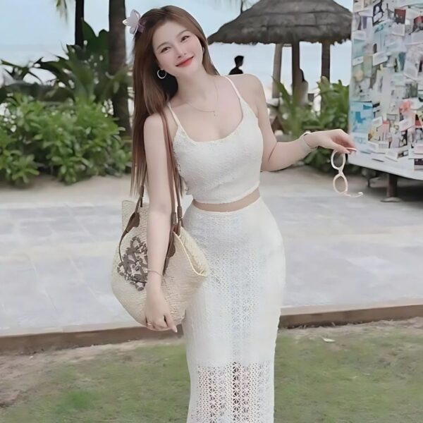 Set đồ nữ áo ren 2 dây có mút ngực phối chân váy dài lưới có lót trong xinh xắn cho nàng diện đi chơi, đi biển - Hình ảnh 6