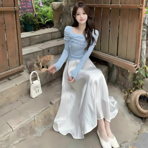 Set đồ nữ áo tăm lạnh cổ vuông đính hoa hồng kèm chân váy tơ 2 lớp dáng dài xoè xếp ly xinh xắn dành cho nàng diện đi chơi - Hình ảnh 2