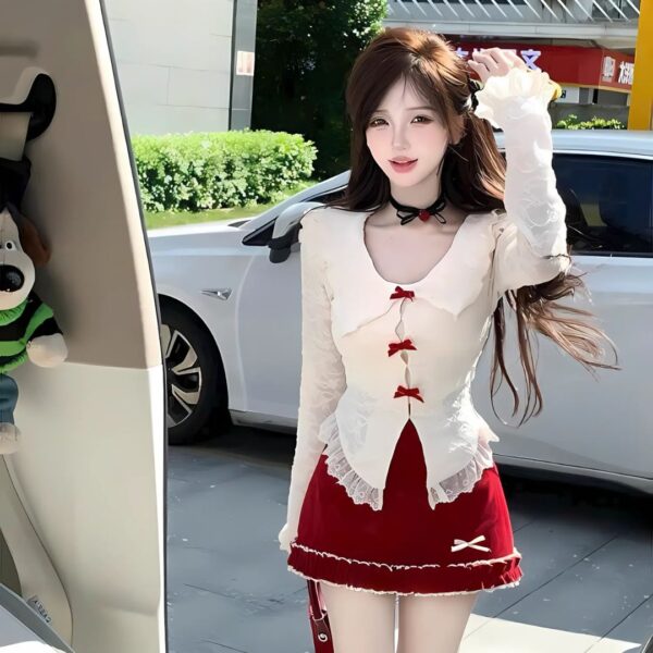 Set đồ nữ 3 món áo ren hàn tay dài đính nơ kèm áo lót trong phối chân váy bèo vải nhung xinh xắn dành cho nàng diện đi chơi - Hình ảnh 6