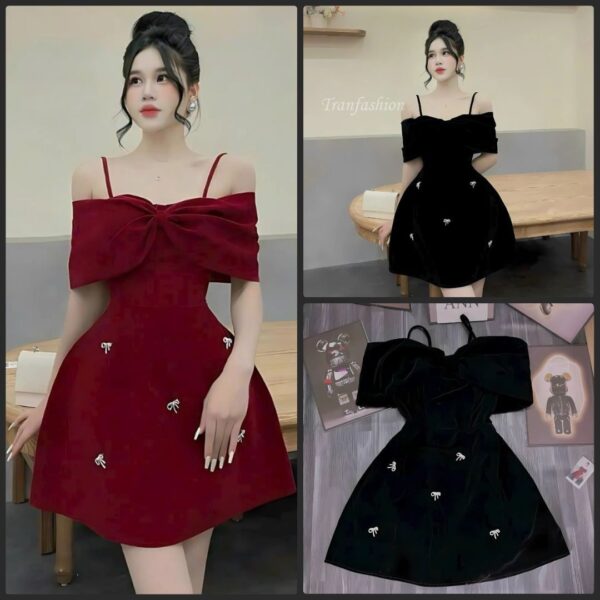Đầm váy nữ nhung áo 2 dây trễ vai có mút kèm chân váy xoè kèm tag nơ (nơ đá tháo dời được) xinh xắn phù hợp cho nàng diện đi chơi