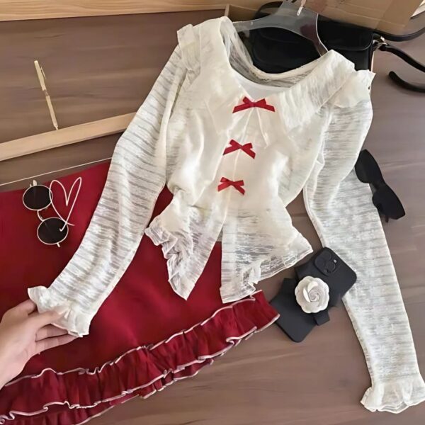Set đồ nữ 3 món áo ren hàn tay dài đính nơ kèm áo lót trong phối chân váy bèo vải nhung xinh xắn dành cho nàng diện đi chơi - Hình ảnh 7