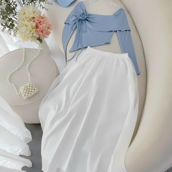 Set đồ nữ áo tăm lạnh cổ vuông đính hoa hồng kèm chân váy tơ 2 lớp dáng dài xoè xếp ly xinh xắn dành cho nàng diện đi chơi - Hình ảnh 6
