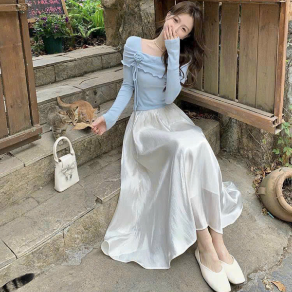 Set đồ nữ áo tăm lạnh cổ vuông đính hoa hồng kèm chân váy tơ 2 lớp dáng dài xoè xếp ly xinh xắn dành cho nàng diện đi chơi - Hình ảnh 3