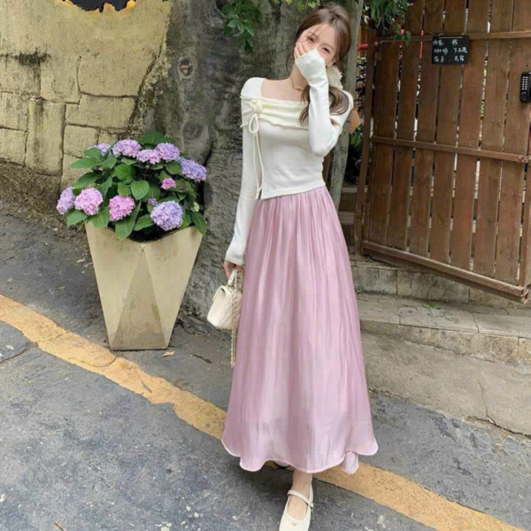Set đồ nữ áo tăm lạnh cổ vuông đính hoa hồng kèm chân váy tơ 2 lớp dáng dài xoè xếp ly xinh xắn dành cho nàng diện đi chơi - Hình ảnh 4