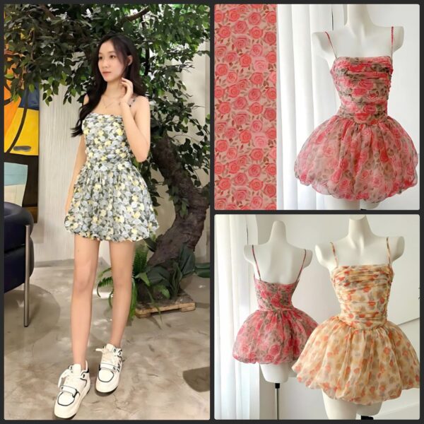 Đầm váy nữ áo 2 dây tùng bí có mút ngực kèm chân váy form ngắn xoè xếp ly có lót quần xinh xắn dành cho nàng diện đi chơi, đi biển