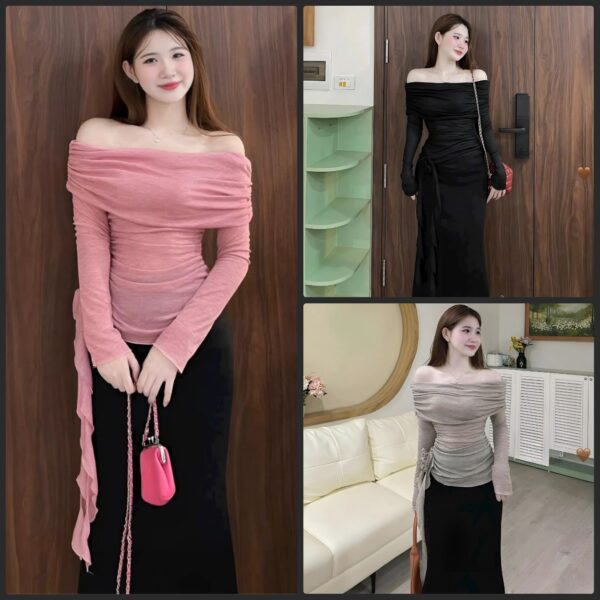 Set đồ nữ áo nhũ trễ vai đính hoa hồng phối chân váy đuôi cá chất poly xinh xắn dành cho nàng diện đi chơi