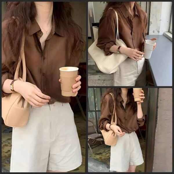 Set đồ nữ áo sơ mi tay dài lụa ý phối quần lỡ bố xước xinh xắn dành cho nàng diện đi chơi, đi biển