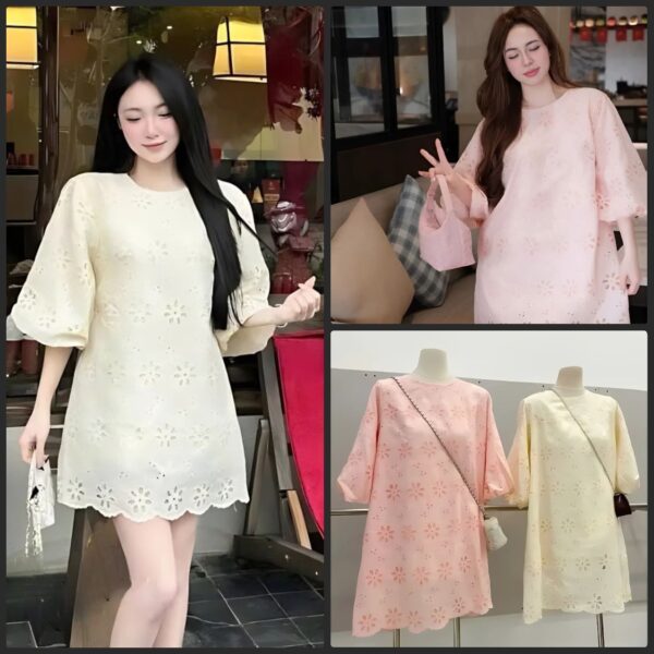Đầm váy nữ thô thêu áo cổ tròn phối chân váy xoè xinh xắn dành cho nàng diện đi chơi
