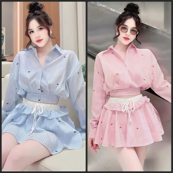 Set đồ nữ áo sơ mi eo đai thun kèm chân váy ngắn xoè xếp ly xinh xắn dành cho nàng diện đi chơi, đi biển