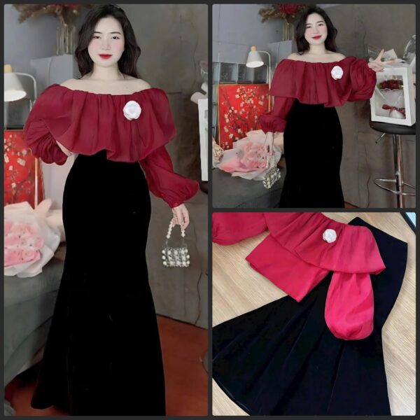 Set đồ nữ áo tơ trễ vai đính hoa kèm chân váy nhung dáng dài xoè xinh xắn dành cho nàng diện đi chơi, đi tiệc