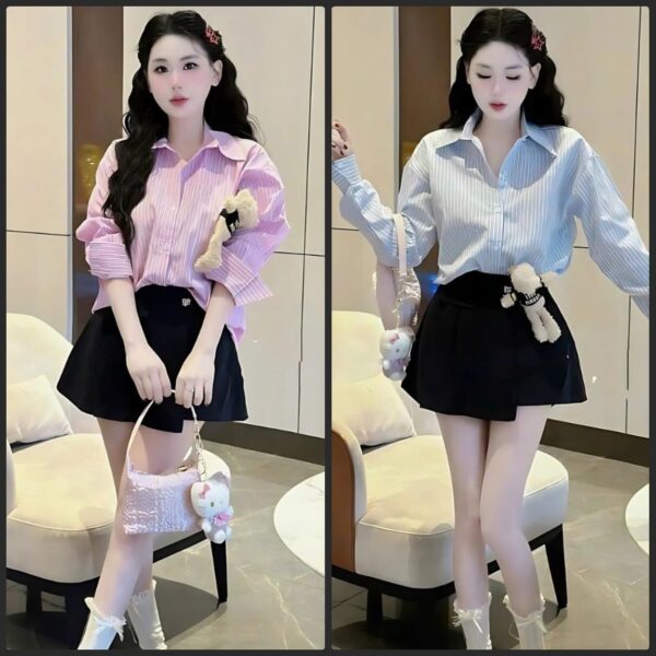 Set đồ nữ áo sơ mi kate kèm gấu phối quần kaki giả váy xinh xắn dành cho nàng diện đi chơi