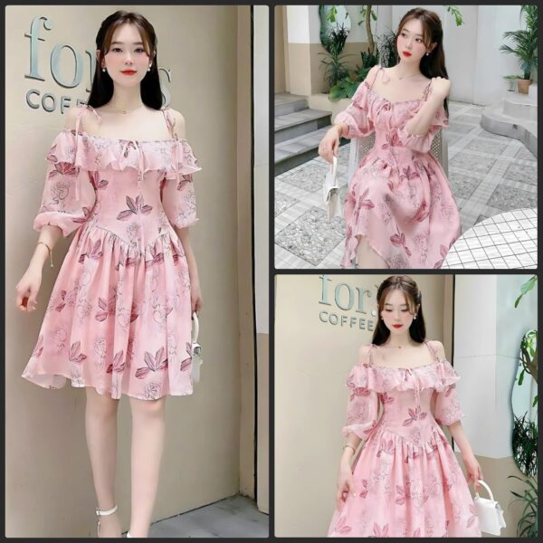 Đầm váy nữ voan hoa bèo áo 2 dây tay phồng phối chân váy xoè xếp ly xinh xắn dành cho nàng diện đi chơi, đi tiệc
