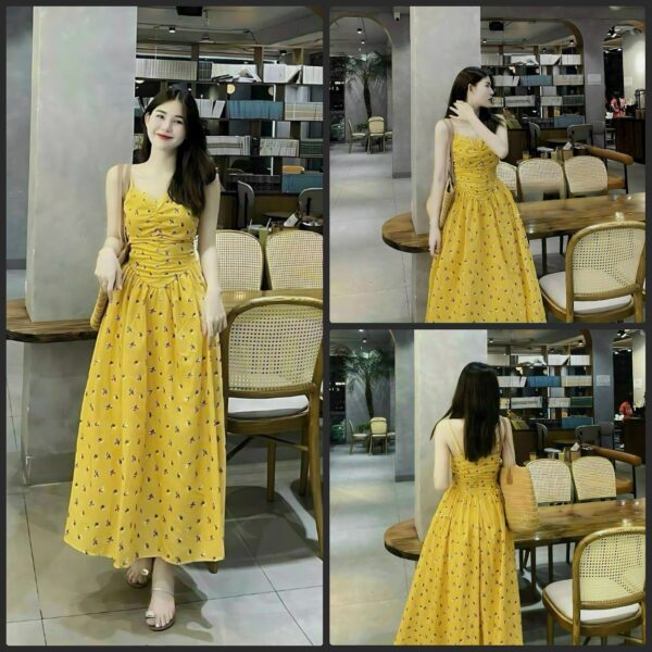 Đầm váy nữ voan hoa áo 2 dây nhún ngực chạy mocking phối chân váy xoè dáng dài xinh xắn dành cho nàng diện đi chơi, đi tiệc