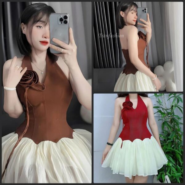 Set đồ nữ áo cotton lạnh 2 dây cổ chữ V có mút ngực phối tơ nến kèm chân váy ngắn xòe xếp ly có lót quần xinh xắn dành cho nàng diện đi chơi, đi biển