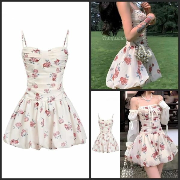Đầm váy nữ áo bí hoa 2 dây nhún ngực có mút ngực ôm body tay rời kèm chân váy ngắn xoè xếp ly xinh xắn cho nàng diện đi chơi